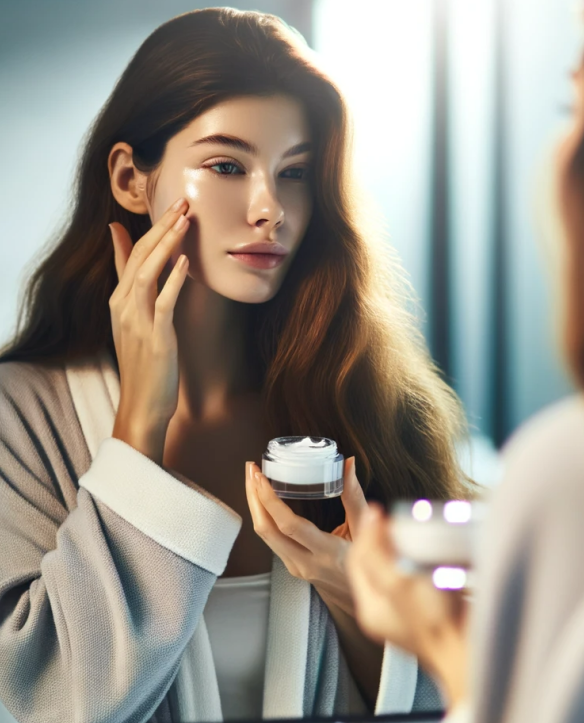 young lady applying skincare in mirror