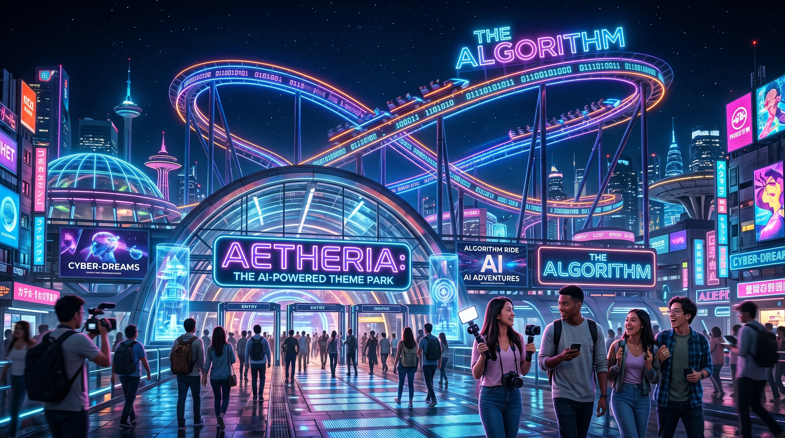A futuristic AI-powered theme park at night, giant neon roller coaster called “The Algorithm”, immersive digital marketing world, glowing signs, cyberpunk atmosphere, creators and bloggers walking through the entrance, cinematic lighting, vibrant colours, highly detailed, realistic theme park concept art, epic and immersive