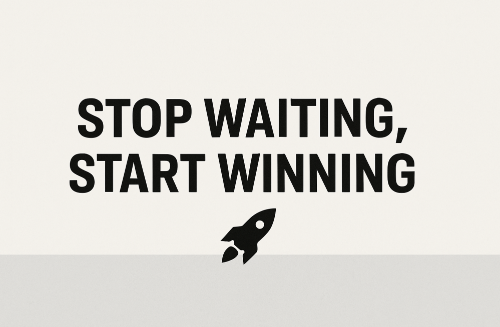 Minimalist motivational banner with the phrase “Stop Waiting, Start Winning” and a rocket icon, symbolizing action and momentum.