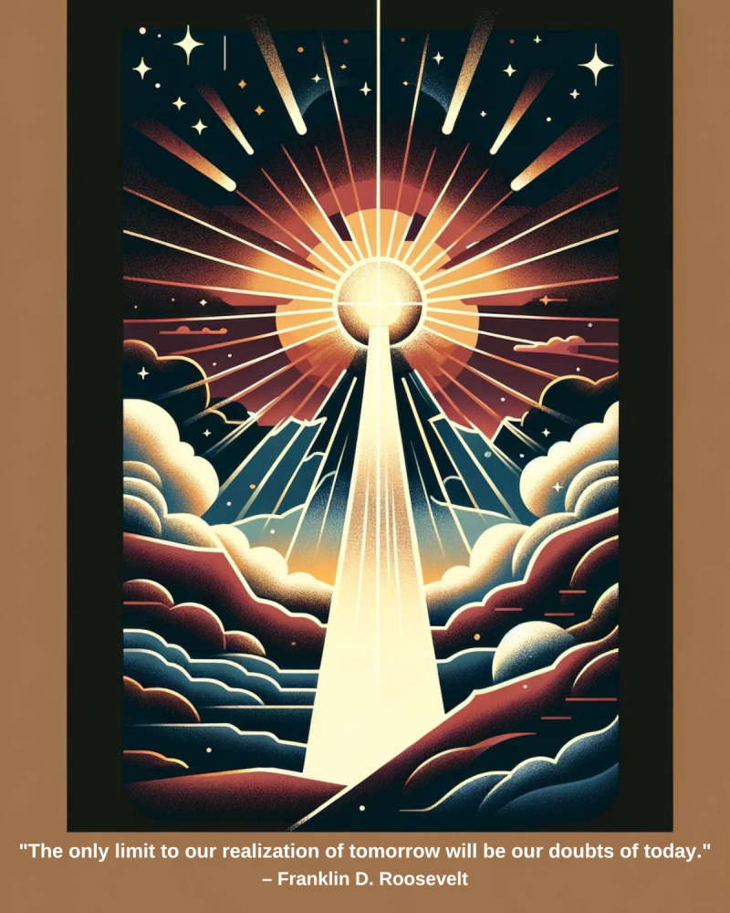 An art deco-inspired illustration with a beacon of light shining through darkness, embodying hope and the future's potential against today's doubts, with an inspiring quote by Franklin D. Roosevelt