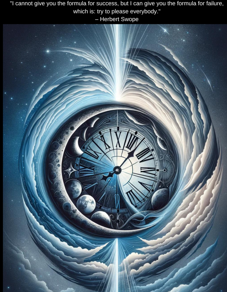 Surreal image of a swirling vortex centered around a clock face with celestial bodies, symbolizing the passage of time and the complexity of achieving success, paired with Herbert Swope's quote on the pitfalls of trying to please everyone