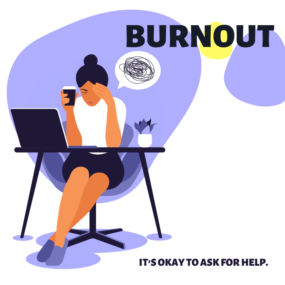 A lady sat at a computer desk with head in hands., There is a speech bubble above with a tangled messy line with the words Burnout and it is ok to ask for help