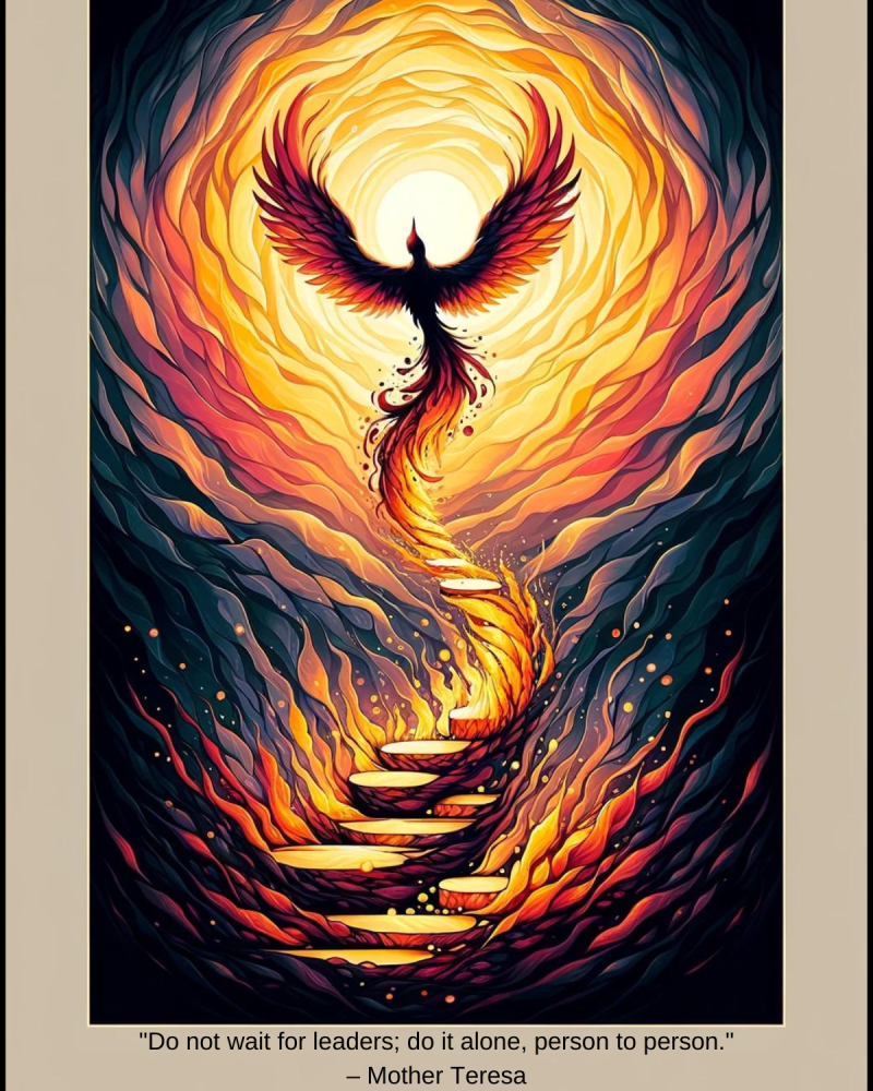 A fiery phoenix rising on a path of steps against a dramatic backdrop, symbolizing the personal journey of making a difference, echoed by Mother Teresa's quote on individual action