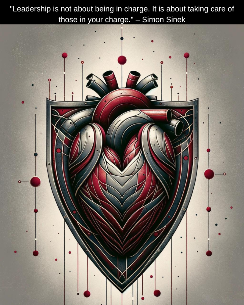 Illustration of an armoured heart shield, representing the protective and compassionate role of a leader who cares for those in their charge, inspired by Simon Sinek's leadership quote