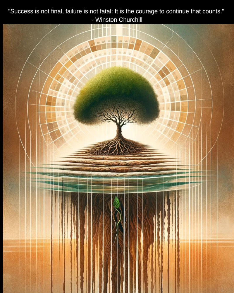 Artistic representation of a solitary tree atop a floating island with roots extending downward, signifying endurance and the ongoing journey of success amidst challenges, highlighted by Churchill's motivational quote.