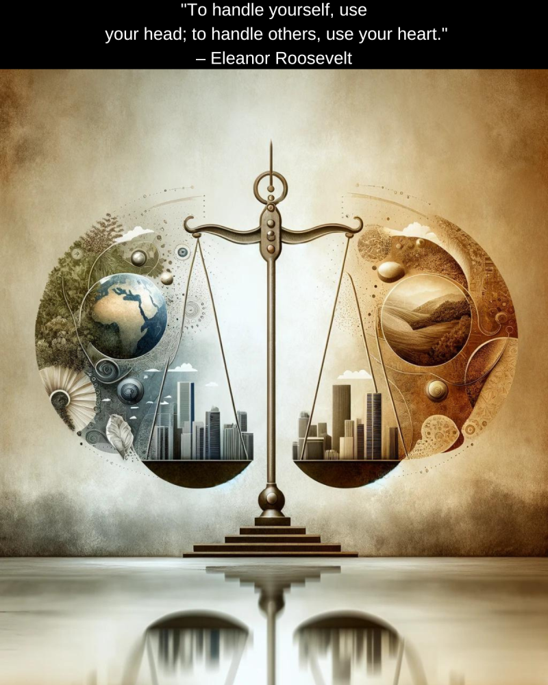 Creative  balance scales blending elements of the earth and modern life, symbolizing the balance of logic and empathy in leadership, with a quote by Eleanor Roosevel