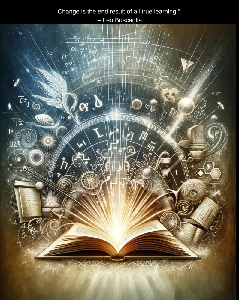 An open book radiating light and symbols of knowledge and innovation, encapsulating the transformative power of learning, with a thought-provoking quote by Leo Buscaglia