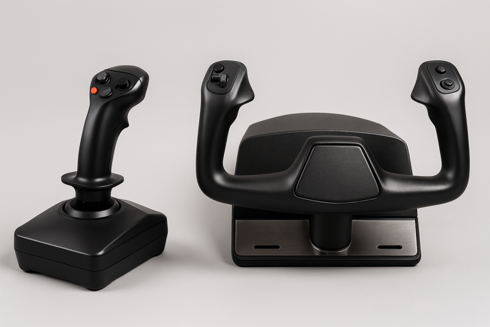  A side-by-side comparison of two flight simulator controls: a basic black joystick on the left and a high-end metal yoke controller on the right, highlighting the difference in design, build quality, and realism.