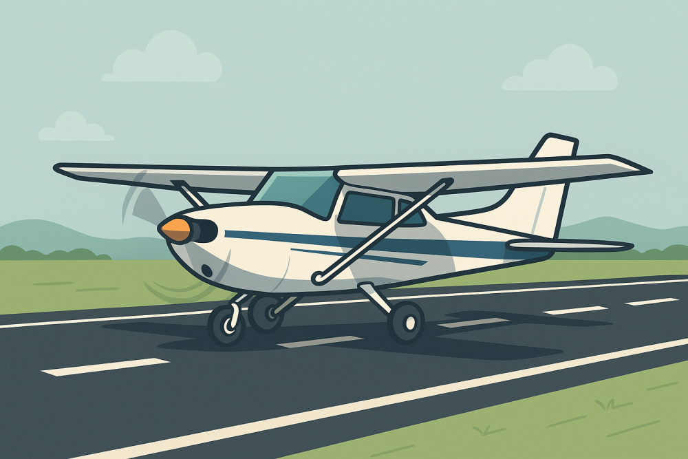 A single-engine high-wing airplane preparing for takeoff on a simulated runway with grass and mountain background, illustrating short and soft-field takeoff techniques.