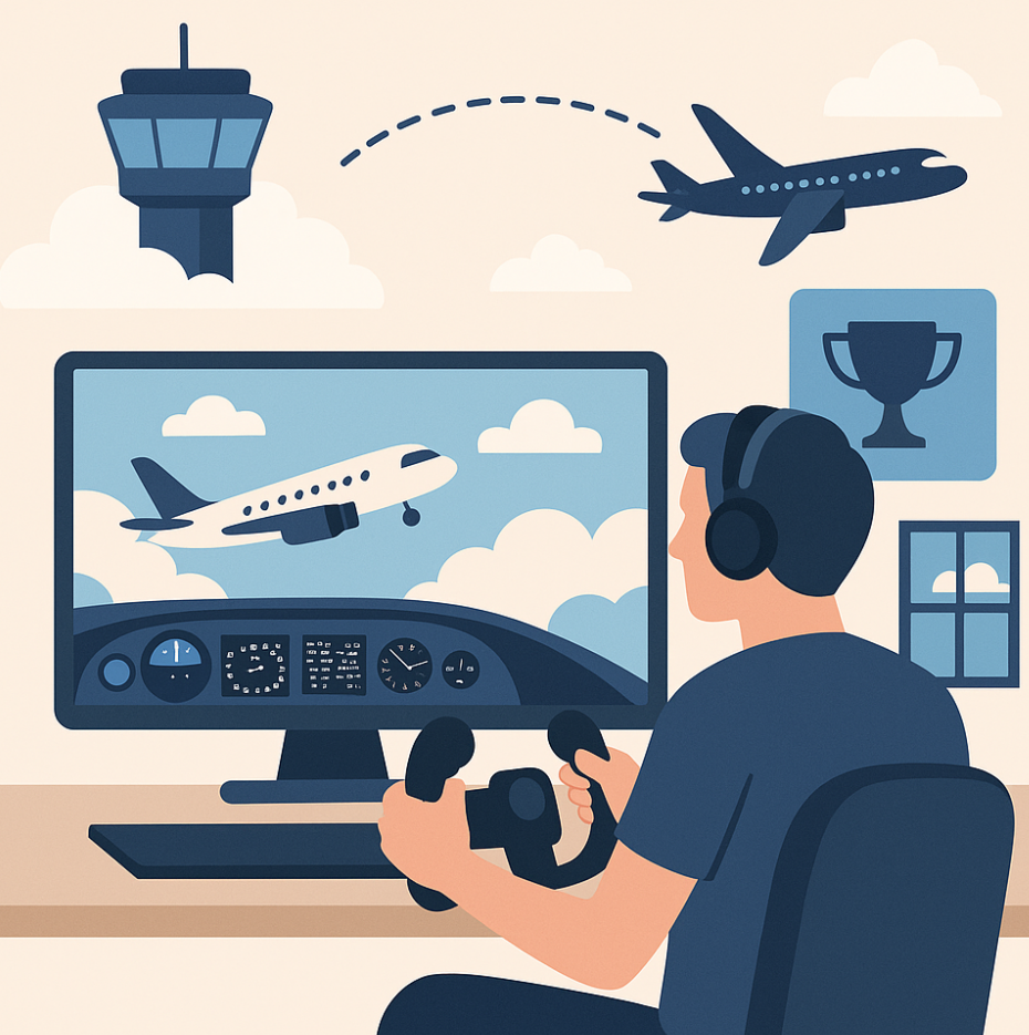 A flat-style digital illustration of a flight sim pilot using a yoke controller with a large monitor showing a cockpit view of an aircraft taking off, alongside icons of a control tower, flight path, and trophy—representing virtual aviation events and challenges.