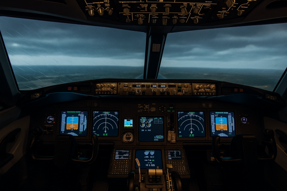 A realistic flight simulator cockpit with high-detail avionics, flight instruments, and weather effects displayed on monitors