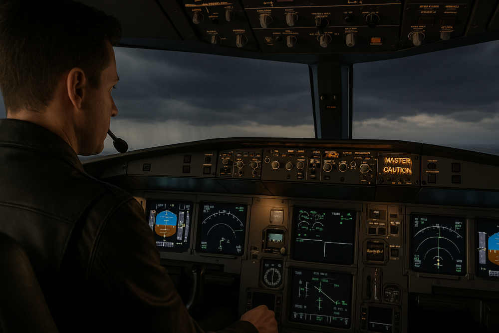 A flight simulator pilot practicing realistic failure scenarios in a cockpit, surrounded by illuminated instruments and a stormy sky visible through the windshield.
