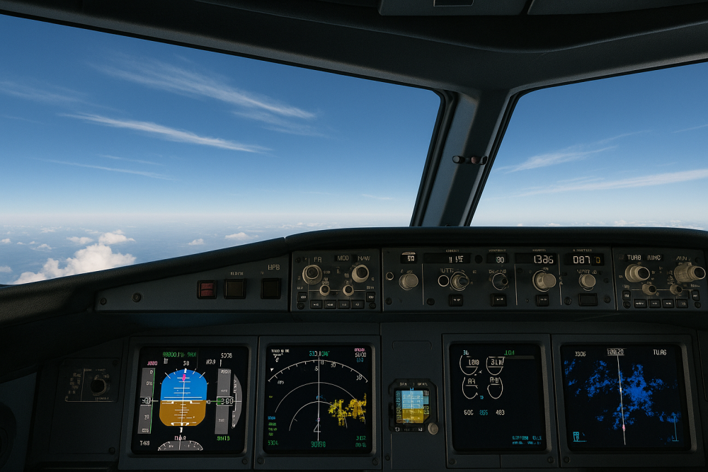 A cockpit view at cruise altitude showing active navigation and weather radar displays with turbulence patterns visible on the screen and clouds scattered across a blue sky outside, symbolizing high-altitude navigation and weather challenges.