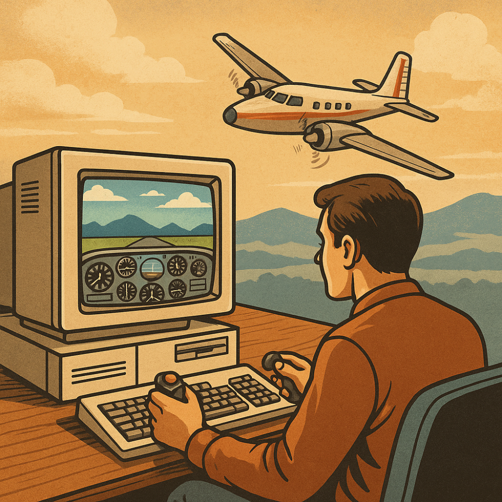A nostalgic illustration of a person using an early desktop computer with a joystick to play a vintage flight simulator, with a small propeller plane flying in the background, representing the early age of home computing and flight simulation.