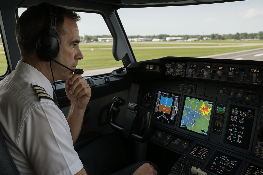 A commercial pilot seated in the cockpit carefully analyzing radar and flight data on the displays, preparing for emergency response while parked near a sunny runway.