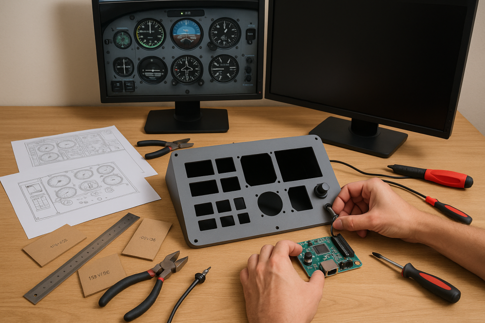 A flight sim enthusiast assembling a custom cockpit panel on a desk, connecting a USB interface board with tools, templates, and monitors showing flight instruments in the background.