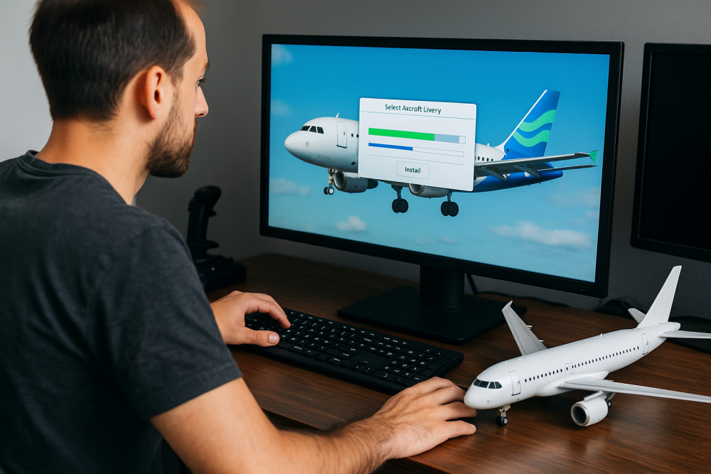 A flight simmer installing a custom aircraft livery on a desktop computer, with an airliner displayed on the monitor and a model aircraft on the desk beside the keyboard.
