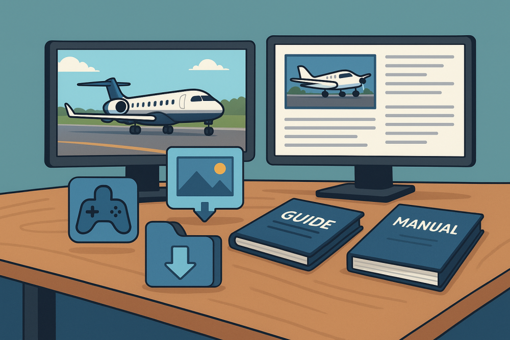 Desk with two monitors displaying flight sim content, surrounded by icons for downloads, guides, and aircraft resources.