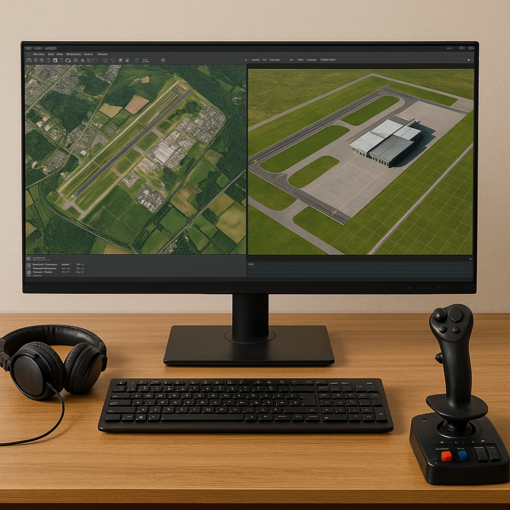 A high-resolution digital photograph showcases a flight simulator design workstation with a widescreen monitor displaying both a real-world airport layout and a fictional airport terminal in design software, accompanied by a joystick, keyboard, and headphones on a wooden desk.