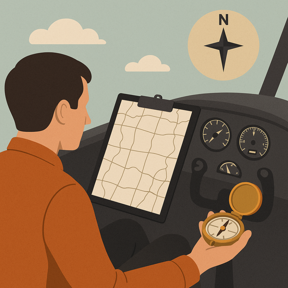 A pilot using a vintage map and compass for navigation inside a classic aircraft cockpit, representing traditional flight planning techniques.