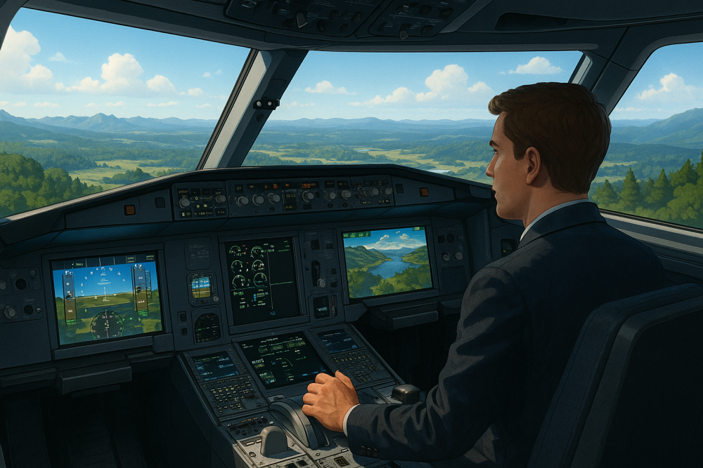 A modern flight simulator cockpit with a pilot seated, surrounded by advanced avionics, and viewing a realistic landscape through the windows, reflecting high-fidelity graphics and real-time environmental effects.