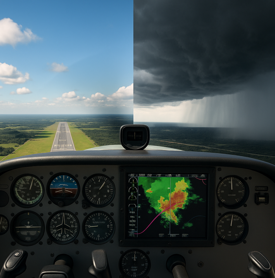 Cockpit view of an aircraft flying into split weather conditions with clear skies on the left and storm clouds on the right, showing live weather radar on the instrument panel.