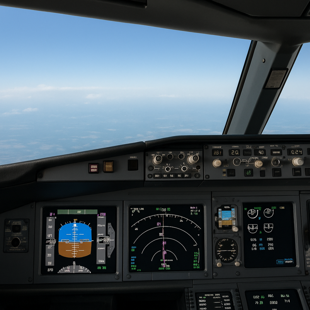 A cockpit view of a modern jet at cruise altitude showing illuminated navigation and engine displays with a clear blue sky and clouds visible through the windshield, symbolizing efficient high-altitude flight.