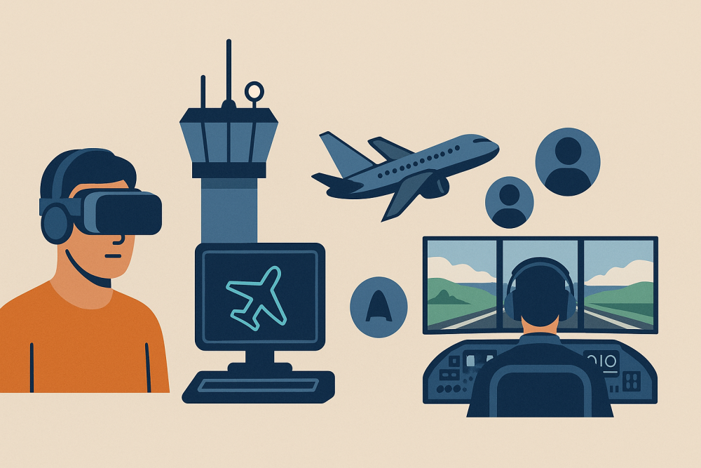 A digital illustration depicting the future of flight simulation, including VR integration, AI-powered air traffic control, multiplayer collaboration, and a realistic triple-screen simulator setup.