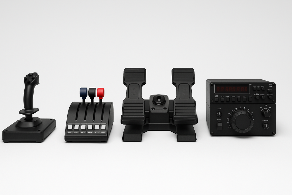 A modular flight simulator gear setup showing joystick, throttle quadrant, rudder pedals, and radio stack arranged from left to right.