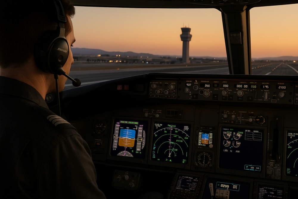 A virtual airline pilot in the cockpit preparing for departure at sunset, with flight displays showing route data and a control tower visible through the windshield.
