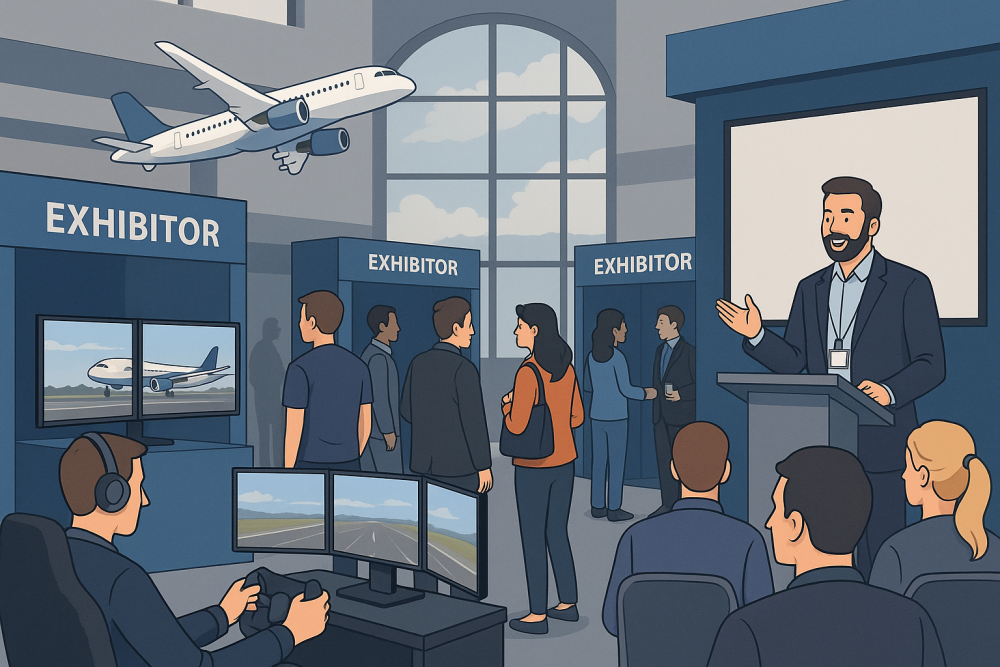 Illustration of a European flight simulation expo with flight sim booths, attendees watching demos, a presenter speaking, and an airplane flying past large windows.