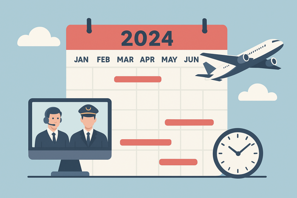 Illustrated 2024 calendar with marked flight sim event dates, a flying airplane, virtual pilots on screen, and a clock symbolizing scheduled aviation simulation gatherings.