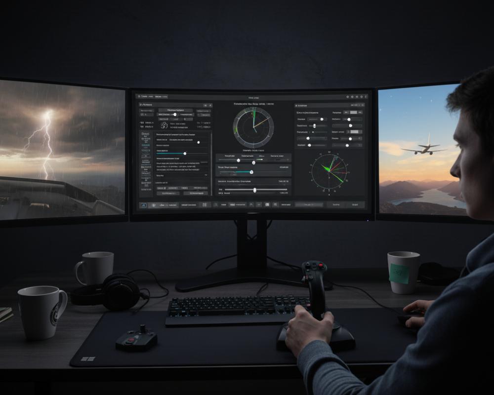 A flight simulator's Weather and Time settings screen, showing a dynamic map and sliders for conditions like temperature, visibility, and cloud layers, with all text blurred out.