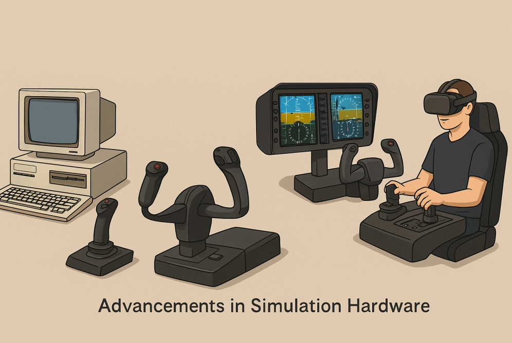 A digital illustration visually representing the evolution of flight simulation hardware, progressing from an old beige computer with a basic joystick to modern yokes, throttle setups, digital cockpit displays, and a user wearing a VR headset for a fully immersive flying experience.