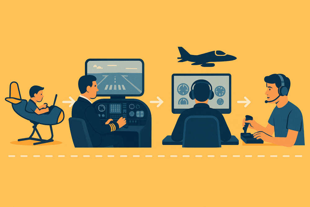 Illustrated timeline of flight simulator evolution showing transition from early mechanical trainer to commercial, military, and modern home-based simulators without text in image.