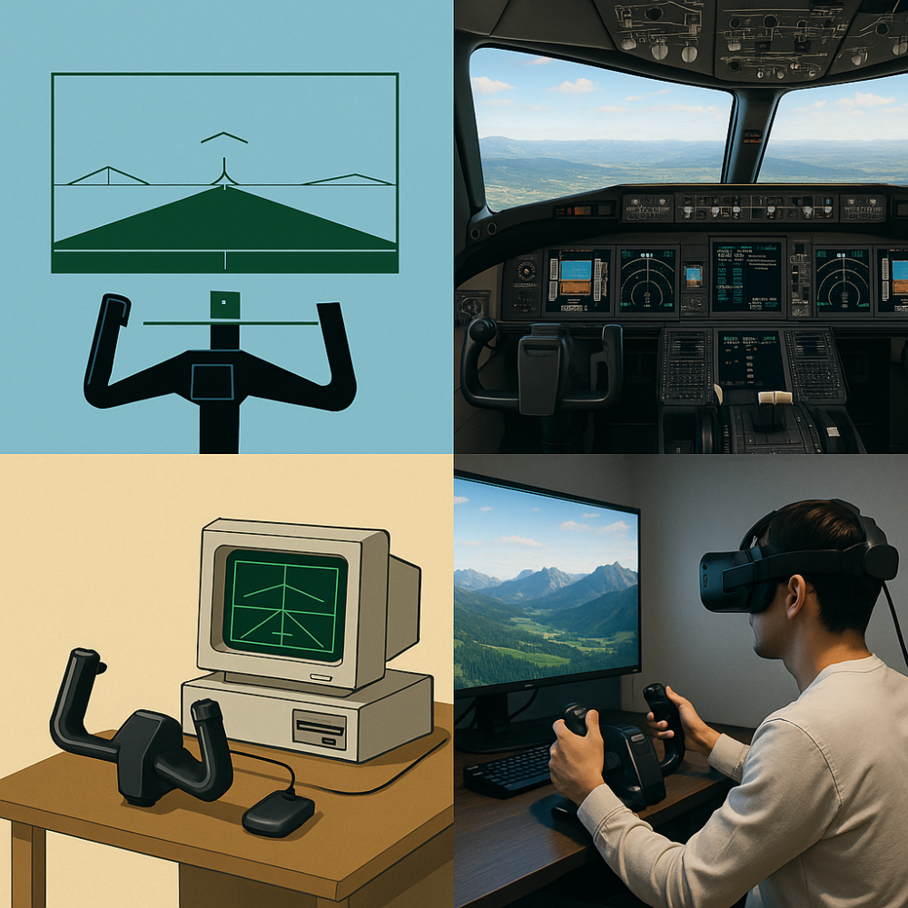 A digital illustration showcasing the evolution of flight simulator technology from early wireframe graphics and vintage computer setups to modern glass cockpits and virtual reality, highlighting the transition across decades in both visual realism and hardware.