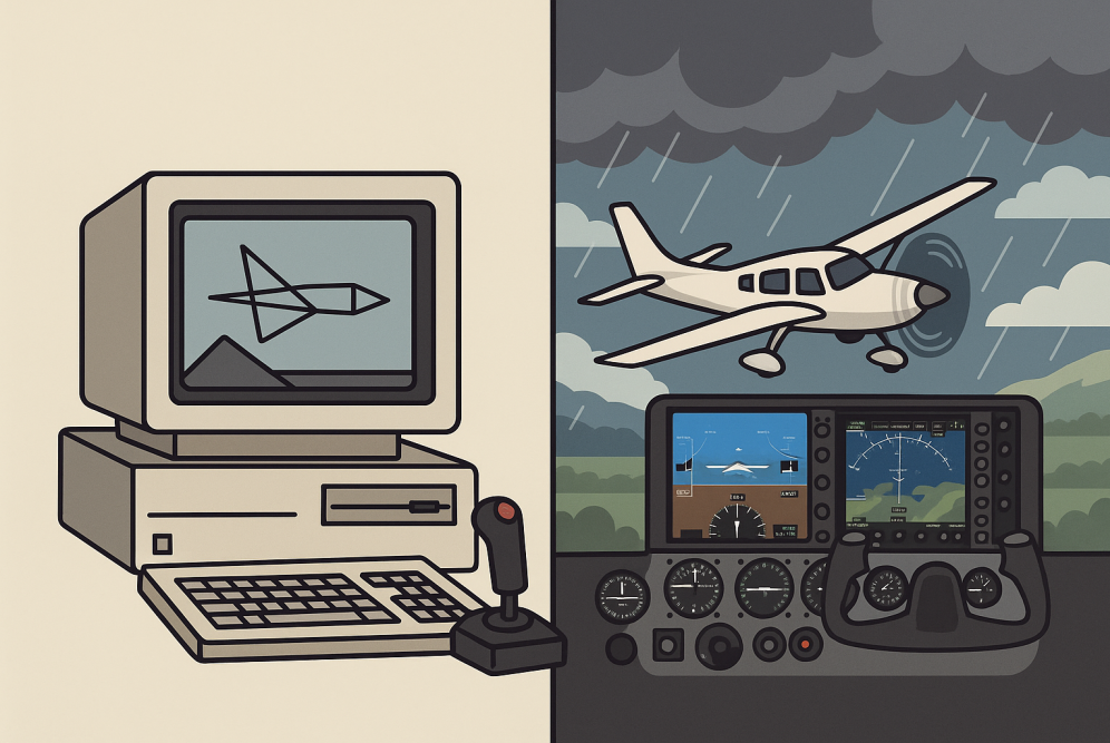 A split-view digital illustration showing the evolution of flight physics and weather systems in simulators, with an old wireframe aircraft on a vintage monitor on the left and a modern aircraft flying through stormy weather with a realistic cockpit and instruments on the right.