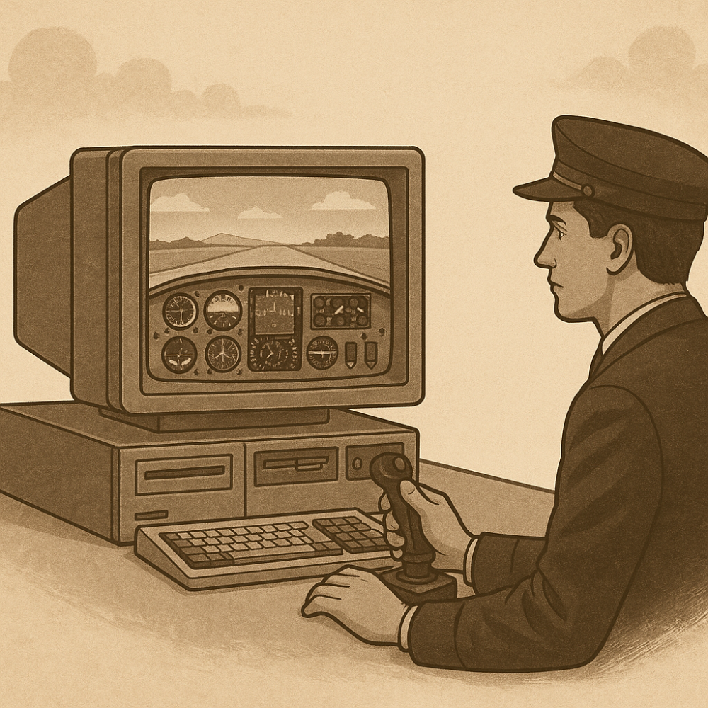 A sepia-toned image of a 1980s–2000s flight simulation setup with a uniformed pilot using a joystick and keyboard to control a simulation on a CRT monitor, displaying cockpit gauges and a runway scene.