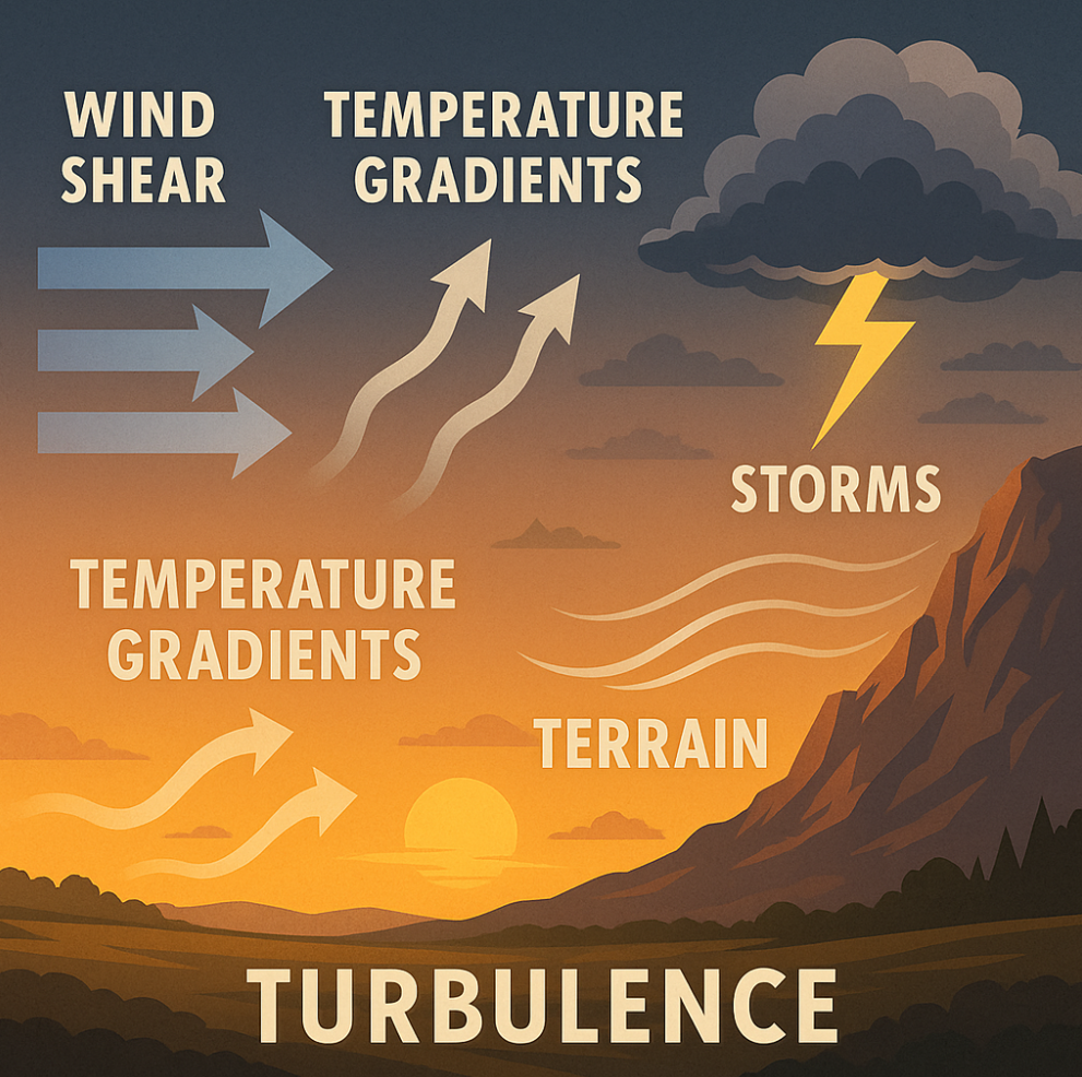 Visual scene showing various environmental causes of turbulence: wind shear arrows, temperature gradients, storm clouds with lightning, mountainous terrain disrupting airflow, and sunset lighting to reflect time-of-day effects