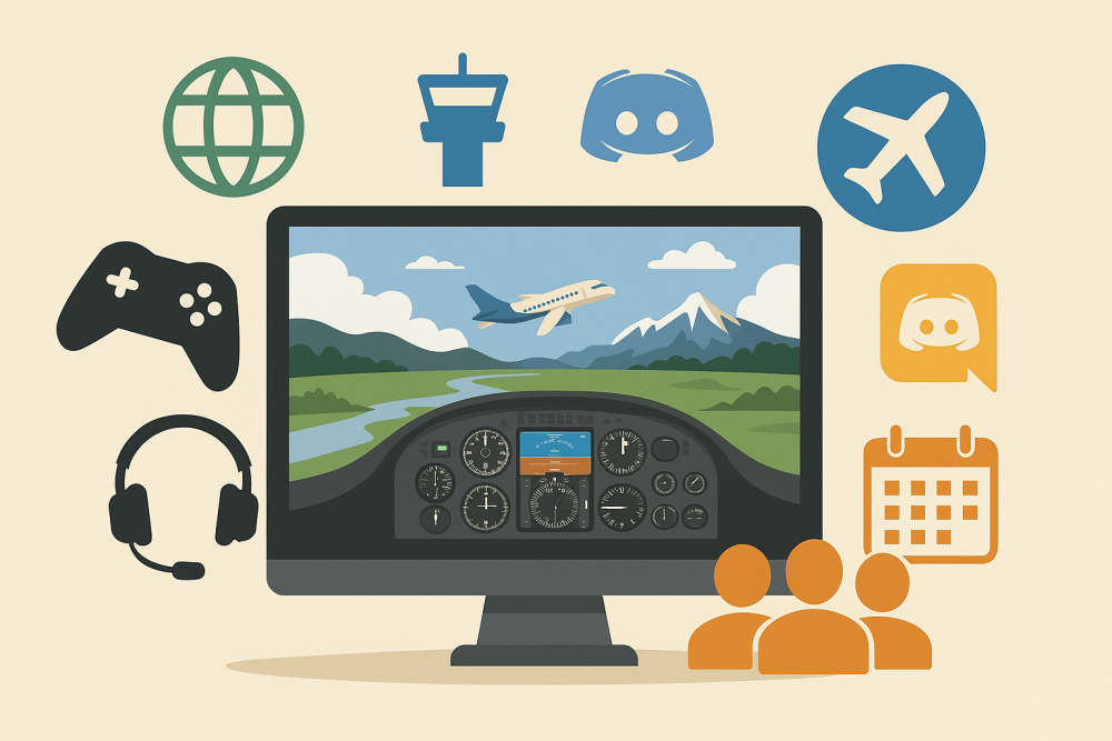 Digital illustration showing a computer monitor with a virtual cockpit, airplane, headset, game controller, and multiplayer icons representing platforms like VATSIM, IVAO, and Discord that host flight sim competitions.