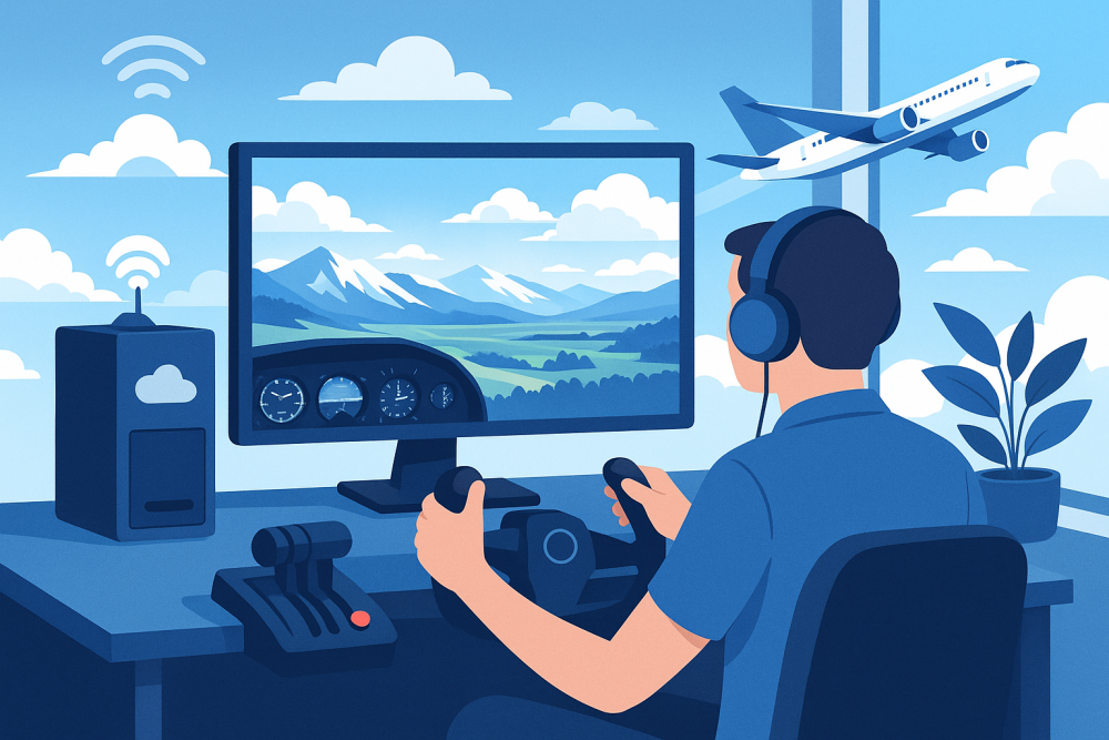 A digital illustration of a person using a modern flight simulator with a yoke and throttle at a sleek desk, wearing headphones, while a commercial airplane flies outside the window—symbolizing the future of flight simulation and cloud-based innovations.