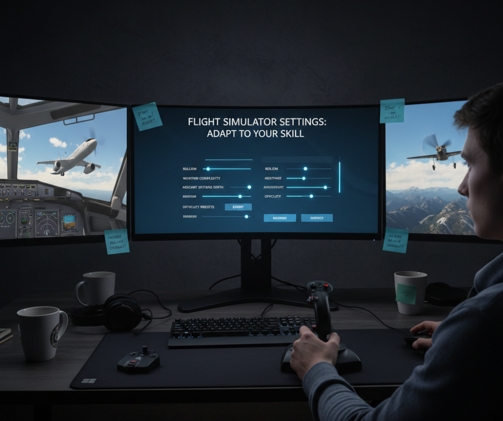 A gamer adjusts flight simulator settings on a three-monitor setup, with game views of a cockpit and a plane flying over mountains.