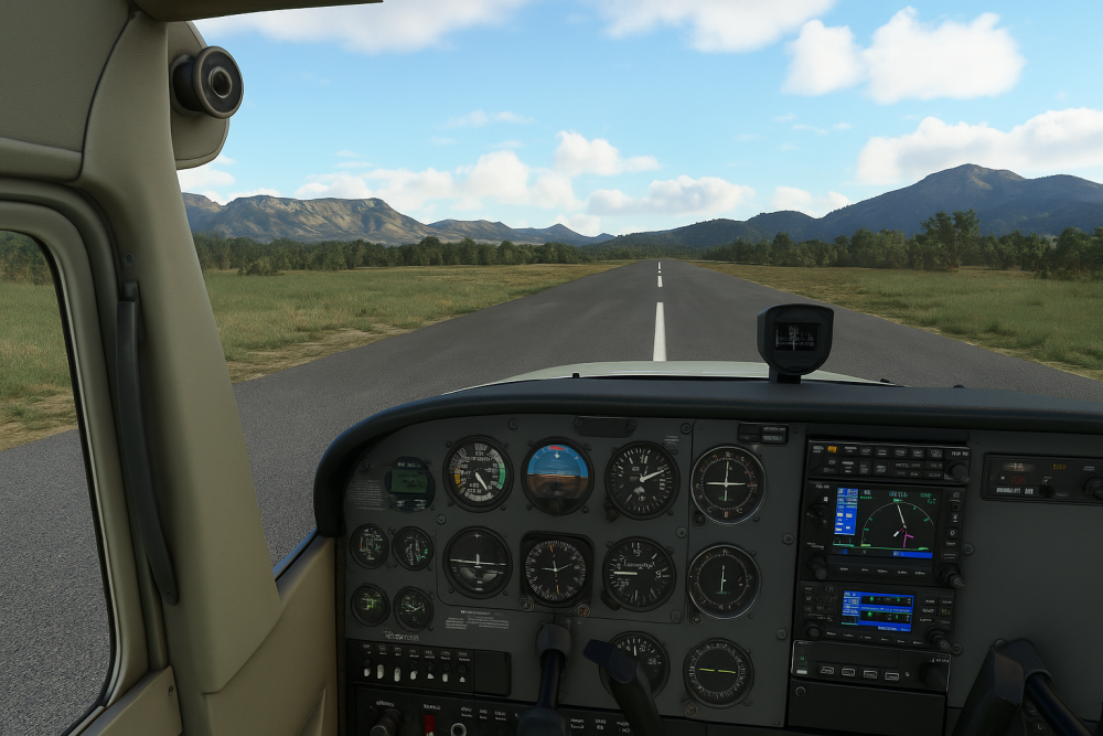 Cockpit view from a small aircraft on a runway showing flight instruments, flaps, and trim setup, representing essential pre-takeoff configuration checks in flight simulation.