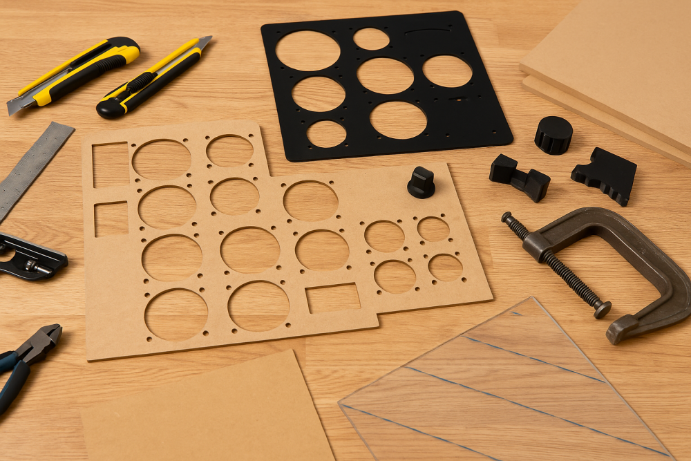 A tabletop display of cockpit panel building materials including MDF cutouts, acrylic sheets, 3D-printed parts, cutting tools, and a metal clamp arranged neatly on a wooden work surface.