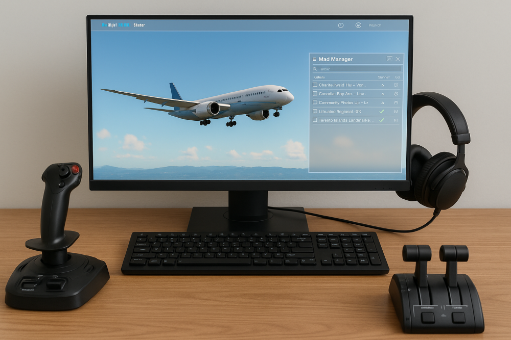 A digital photograph displays a flight simulation setup on a clean desk, featuring a monitor with a Boeing 787-10 in flight, a visible mod manager interface, joystick, throttle quadrant, keyboard, and headset—all arranged neatly to emphasize mod organization.