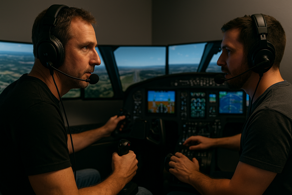 Virtual pilots using headsets and voice chat to coordinate during a multiplayer flight in a simulator