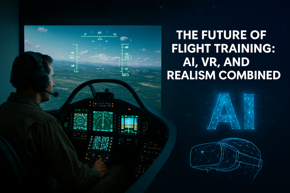 A digital composition showing a military pilot training in a modern flight simulator on the left, while the right side features futuristic elements like a glowing AI logo and VR headset graphics, symbolizing the cost-efficient, tech-driven future of military flight training.