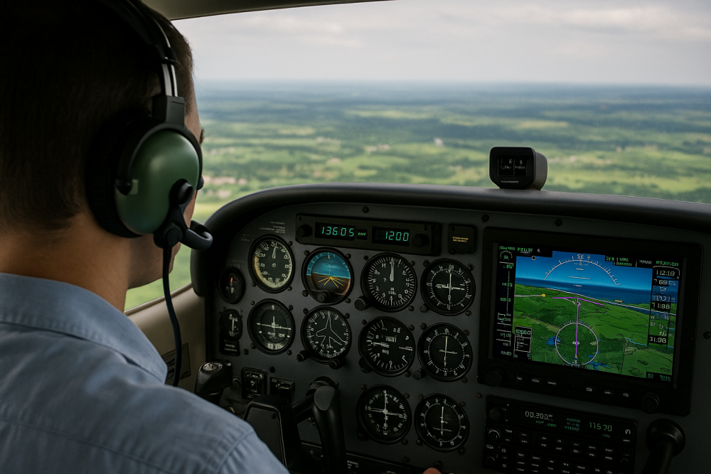 Pilot in left seat navigating with both analog and digital instruments, showcasing the blend of traditional VOR/NDB tools and modern GPS systems during flight.