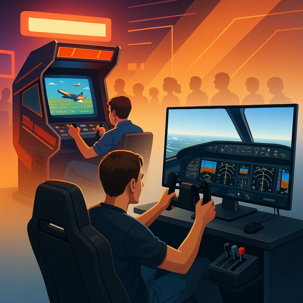 A split-scene image showing a person playing a retro arcade flight game on one side, and another using a realistic home flight simulator setup on the other, representing the evolution of flight simulation from arcade to home use.