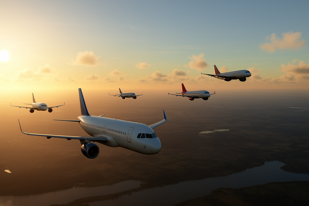 Virtual pilots participating in a group flight event with synchronized aircraft in a flight simulator